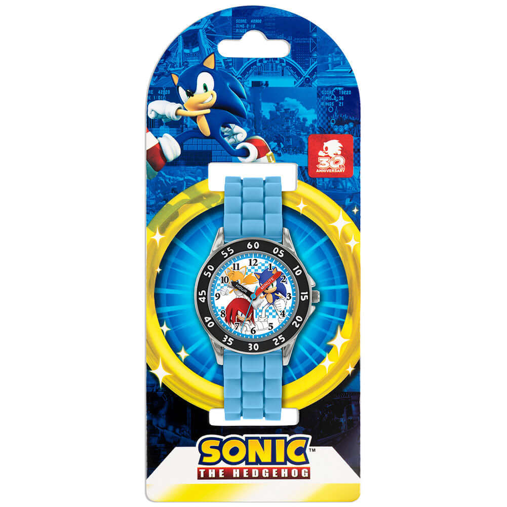 Sonic The Hedgehog Junior Time Teacher Watch LKT Sport Junior analogue watch with easy read numbers and time teacher handsFeaturing a Sonic dial in metal casingSilicone strap with traditional buckle fasteningManufacturer's 1 year guaranteeOfficial license