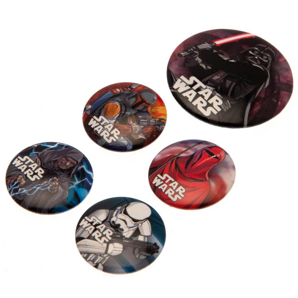 Star Wars Button Badge Set LKT Sport Eye-catching designs and slogan badgesIdeal addition to school bags or clothingFasten with a safety pin fixingOfficial licensed product5 assorted size badges Pinback Buttons