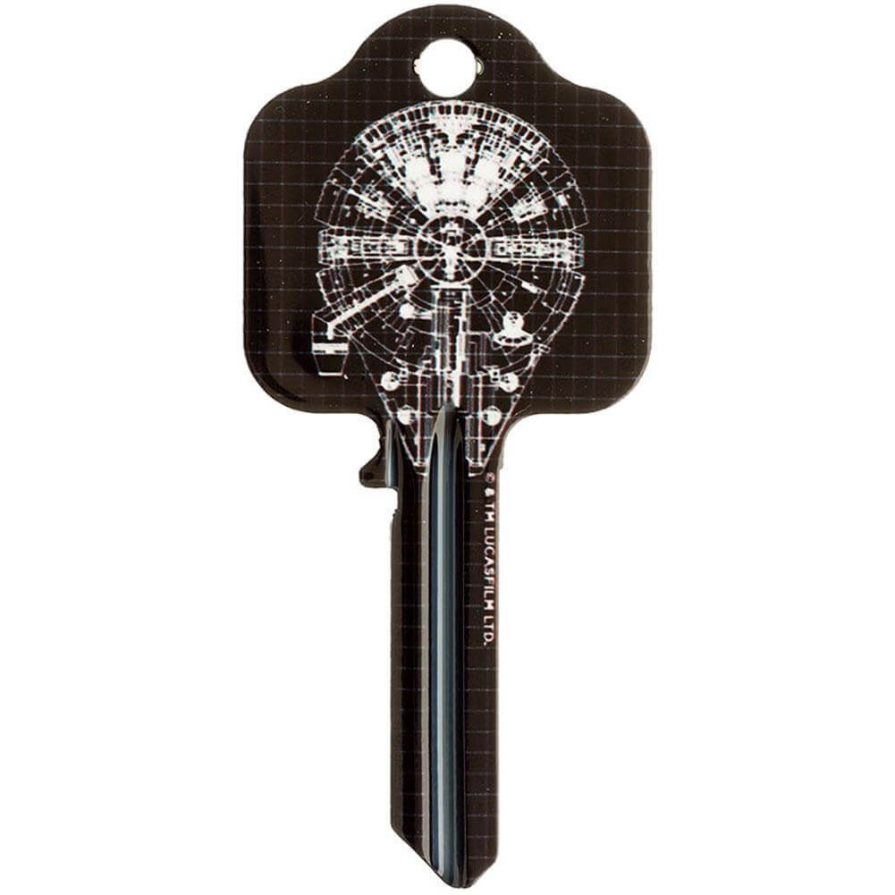 Star Wars Door Key Millenium Falcon LKT Sport Ready to cut blank door key featuring Millenium Falcon and the X-WingSuitable for a UL2, UL054 or UL1, UL050 profile locksHigh quality detailed designs printed on both sidesOfficial licensed productApprox 78mm