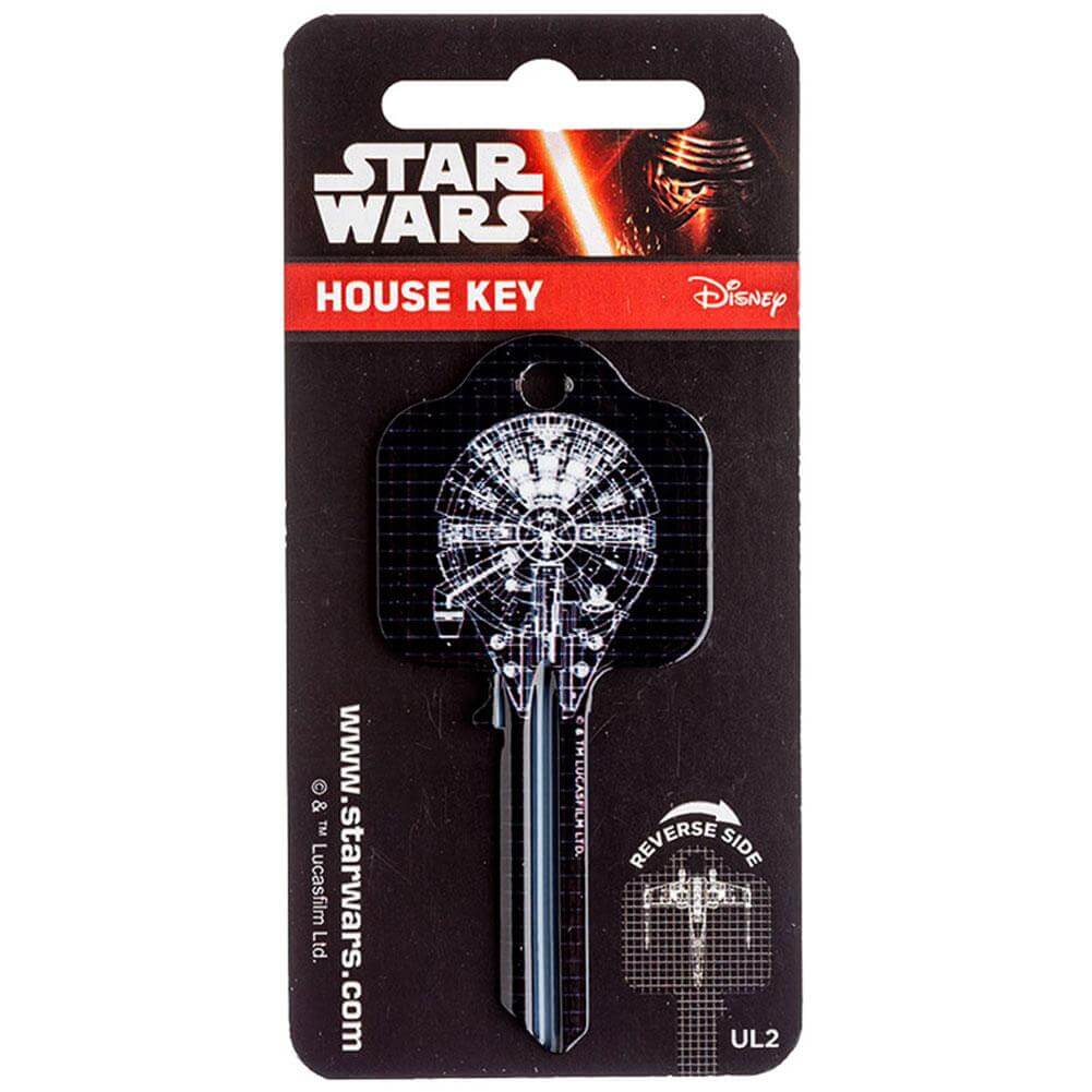 Star Wars Door Key Millenium Falcon LKT Sport Ready to cut blank door key featuring Millenium Falcon and the X-WingSuitable for a UL2, UL054 or UL1, UL050 profile locksHigh quality detailed designs printed on both sidesOfficial licensed productApprox 78mm