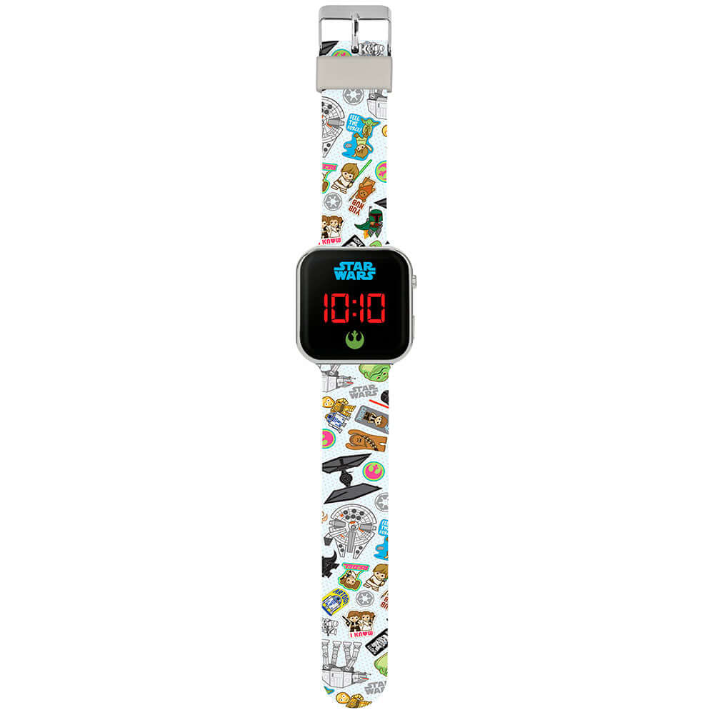 Star Wars Junior LED Watch LKT Sport Junior LED digital watchEasy to read display, featuring the Star Wars logo and cartoon images of the characters on the strapPrinted silicone strap with traditional buckle fasteningManufacturer's 1 year guaranteeOfficia