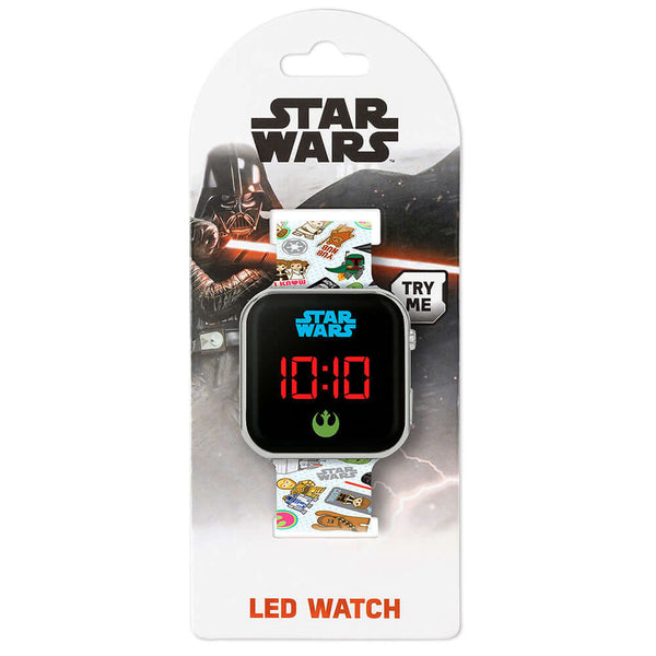 Star Wars Junior LED Watch LKT Sport Junior LED digital watchEasy to read display, featuring the Star Wars logo and cartoon images of the characters on the strapPrinted silicone strap with traditional buckle fasteningManufacturer's 1 year guaranteeOfficia