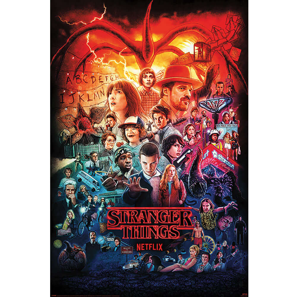 Stranger Things 4 Poster Montage 123 LKT Sport Rolled maxi posterFeaturing a montage of all four seasonsHigh resolution artworkPrinted on 150gsm gloss paperOfficial licensed productApprox 61cm x 91cm Posters