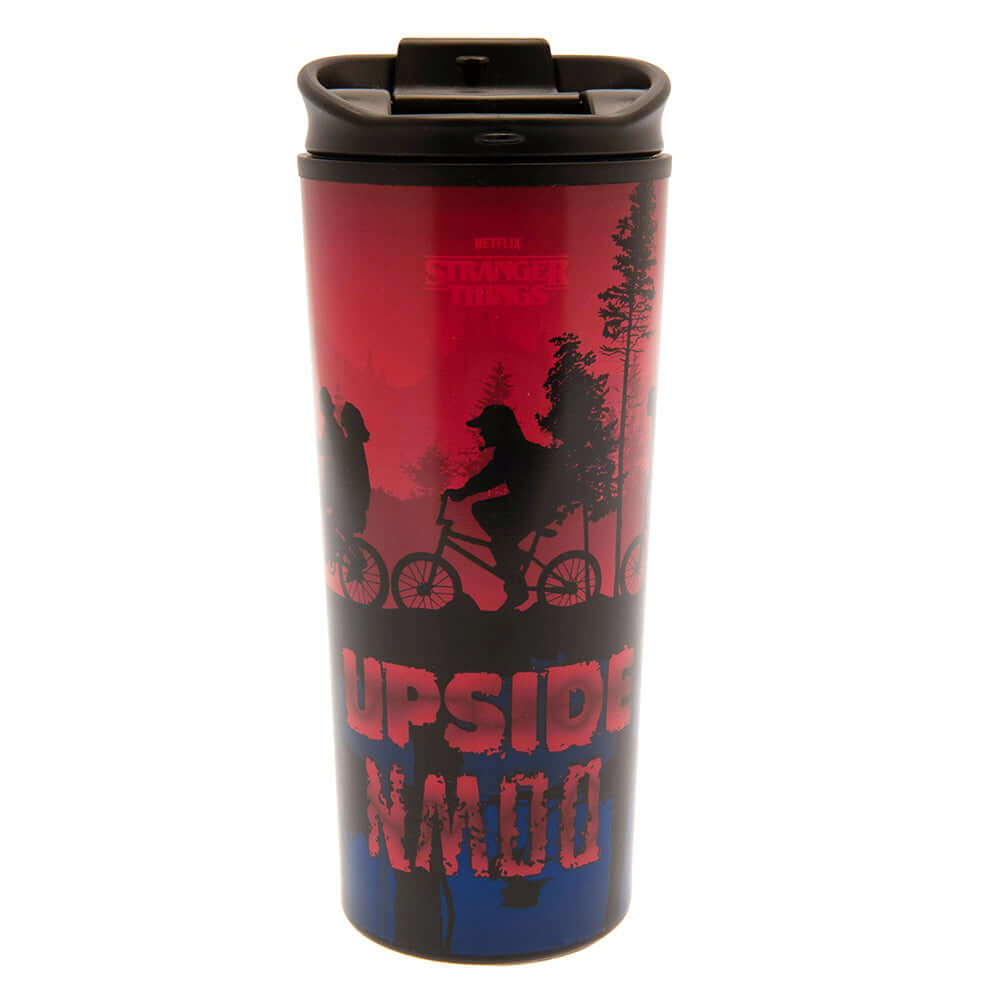 Stranger Things Metal Travel Mug LKT Sport Metal double-walled thermal travel mugFeaturing the Stranger Things logo and a group silhouettePlastic screw top lid with closing drinking holeCushioned baseOfficial licensed productApprox 450ml (16oz)Approx 19cm
