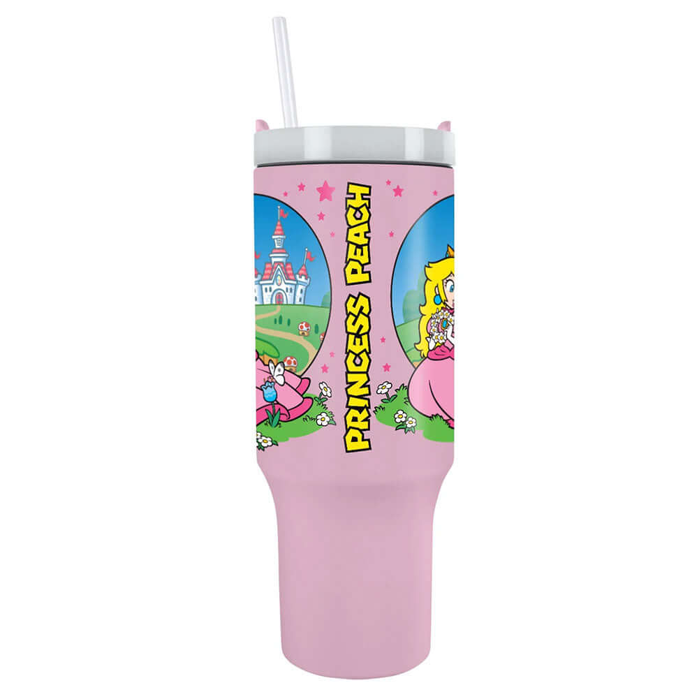 Super Mario Princess Peach 40oz Tumbler LKT Sport Pretty pink Princess Peach themed 40oz thermal mug, perfect for fans of the classic Nintendo franchiseKeep your drinks hot or cold for hours with double-walled insulationIncludes a soft grip handle for ext