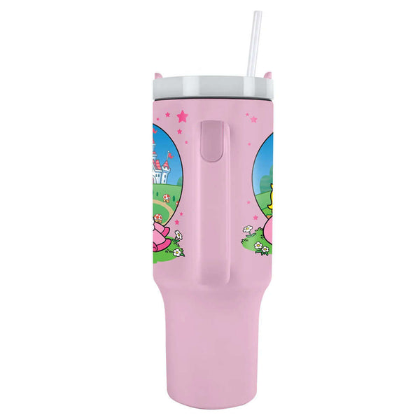Super Mario Princess Peach 40oz Tumbler LKT Sport Pretty pink Princess Peach themed 40oz thermal mug, perfect for fans of the classic Nintendo franchiseKeep your drinks hot or cold for hours with double-walled insulationIncludes a soft grip handle for ext