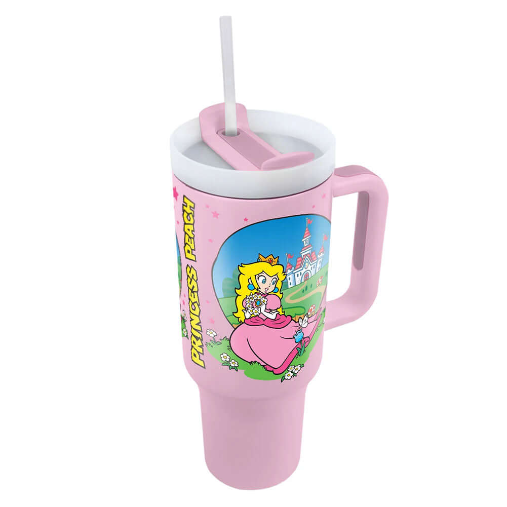 Super Mario Princess Peach 40oz Tumbler LKT Sport Pretty pink Princess Peach themed 40oz thermal mug, perfect for fans of the classic Nintendo franchiseKeep your drinks hot or cold for hours with double-walled insulationIncludes a soft grip handle for ext