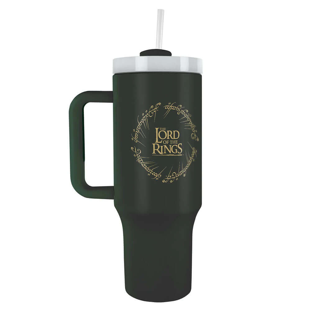 The Lord Of The Rings 40oz Tumbler LKT Sport Sleek black Lord of the Rings 40oz thermal tumbler with Elvish inscription, ideal for fans of all agesKeep your drinks hot or cold for hours with double-walled insulationIncludes a soft grip handle for extra co