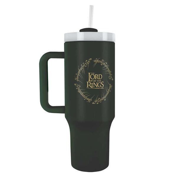 The Lord Of The Rings 40oz Tumbler LKT Sport Sleek black Lord of the Rings 40oz thermal tumbler with Elvish inscription, ideal for fans of all agesKeep your drinks hot or cold for hours with double-walled insulationIncludes a soft grip handle for extra co
