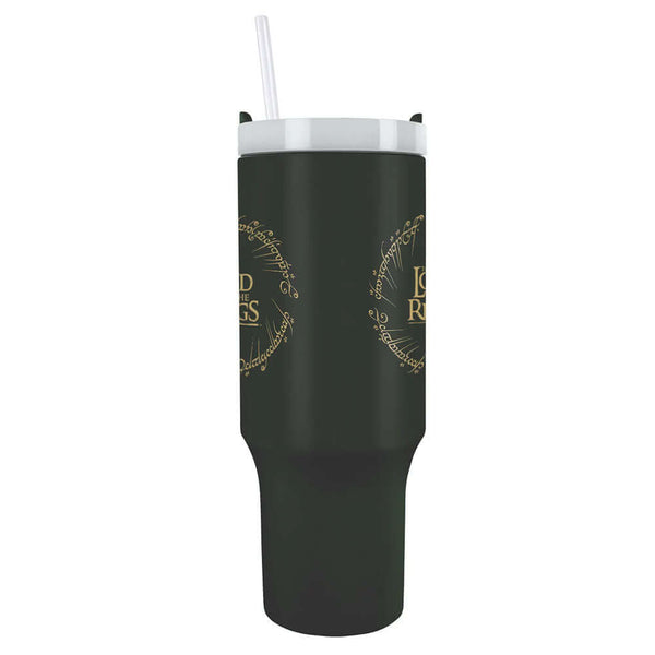 The Lord Of The Rings 40oz Tumbler LKT Sport Sleek black Lord of the Rings 40oz thermal tumbler with Elvish inscription, ideal for fans of all agesKeep your drinks hot or cold for hours with double-walled insulationIncludes a soft grip handle for extra co