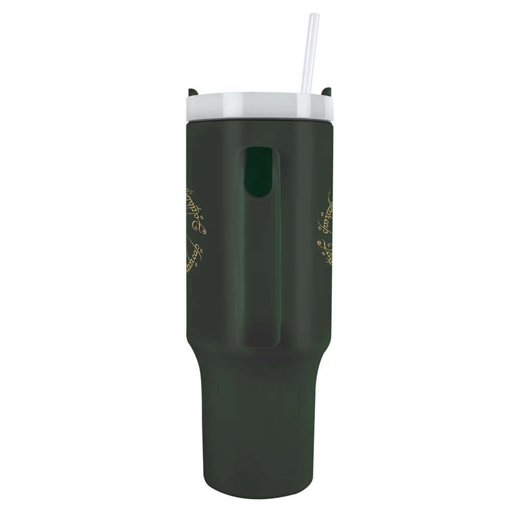 The Lord Of The Rings 40oz Tumbler LKT Sport Sleek black Lord of the Rings 40oz thermal tumbler with Elvish inscription, ideal for fans of all agesKeep your drinks hot or cold for hours with double-walled insulationIncludes a soft grip handle for extra co