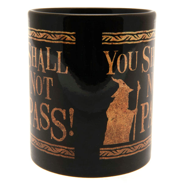 The Lord Of The Rings Mug LKT Sport Ceramic everyday coffee mugFeaturing a silhouette of Gandalf and the text You Shall Not Pass! on a black backgroundGlazed kiln fired finish with black handleOfficial Licensed MerchandiseApprox 315ml (11oz)Approx 9cm tal