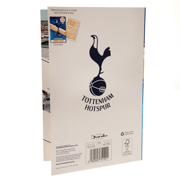 Tottenham Hotspur FC Birthday Card With Stickers LKT Sport Colourful gloss finish birthday cardFeaturing a space on the front to personalise with name and ageIncludes gold stickers to compliment the design of the cardMessage inside reads 'To a No.1 Spurs