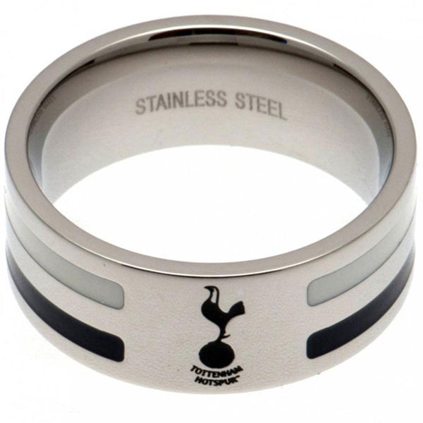 Tottenham Hotspur FC Colour Stripe Ring Large LKT Sport Stainless steel ring featuring navy and white colour inserts Chrome finish and engraved with the Spurs crest Official licensed product Internal diameter approx 21mm Ring size X Presented in a gift bo