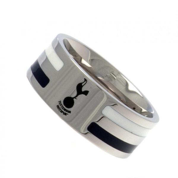 Tottenham Hotspur FC Colour Stripe Ring Small LKT Sport Stainless steel ring featuring navy and white colour inserts Chrome finish and engraved with the Spurs crest Official licensed product Internal diameter approx 19mm Ring size R Presented in a gift bo