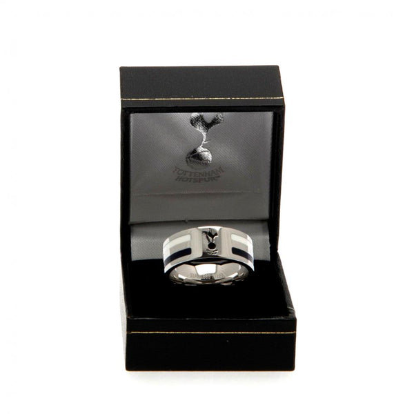 Tottenham Hotspur FC Colour Stripe Ring Small LKT Sport Stainless steel ring featuring navy and white colour inserts Chrome finish and engraved with the Spurs crest Official licensed product Internal diameter approx 19mm Ring size R Presented in a gift bo