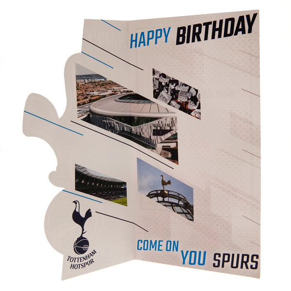 Tottenham Hotspur FC Crest Birthday Card LKT Sport Colourful gloss finish fold out birthday cardFeaturing a large full colour cut out Spurs crestIncludes images inside of the Spurs stadium, plus 'Happy Birthday'Message on the reverse reads 'Have an amazin