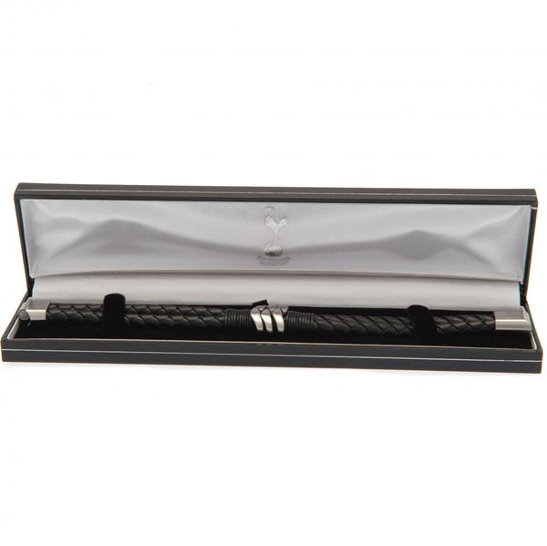 Tottenham Hotspur FC Leather Bracelet LKT Sport Twin rope design bracelet made from genuine leather Black bracelet featuring with steel detail Stainless steel magnetic clasp with an engraved club crest Official licensed product Approx 20cm x 1cm Presented