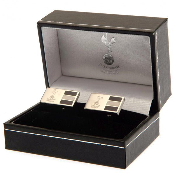 Tottenham Hotspur FC Stainless Steel Stripe Cufflinks LKT Sport Stainless steel rectangular cufflinks in a chrome finishEach cufflink is engraved with the Spurs crest and home kit coloursOn a bullet back fixingOfficial licensed productApprox 20mm x 11mm C