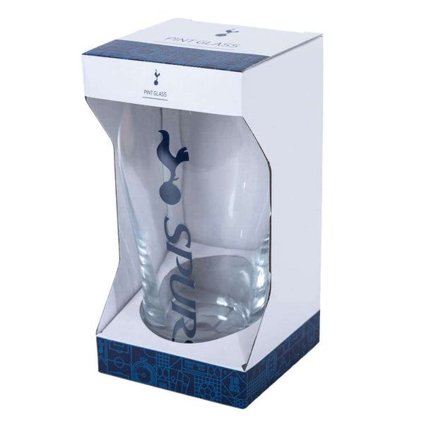Tottenham Hotspur FC Tulip Pint Glass LKT Sport Wordmark design tulip style pint glassFeatures Spurs text and Tottenham club crest in navy blueOfficial licensed productApprox 570ml (1 pint)Approx 15cm tall, 8cm in diameter Beer Glasses
