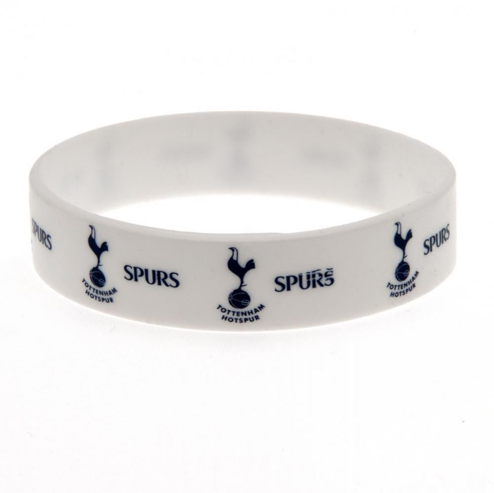 Tottenham Hotspur FC White Silicone Wristband LKT Sport Bright white silicone rubber wristband Features Spurs text and club crest design in navy blue One size fits all Official licensed product Approx 7cm in diameter On a header card Wristbands