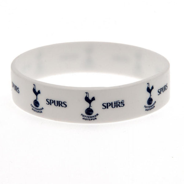 Tottenham Hotspur FC White Silicone Wristband LKT Sport Bright white silicone rubber wristband Features Spurs text and club crest design in navy blue One size fits all Official licensed product Approx 7cm in diameter On a header card Wristbands