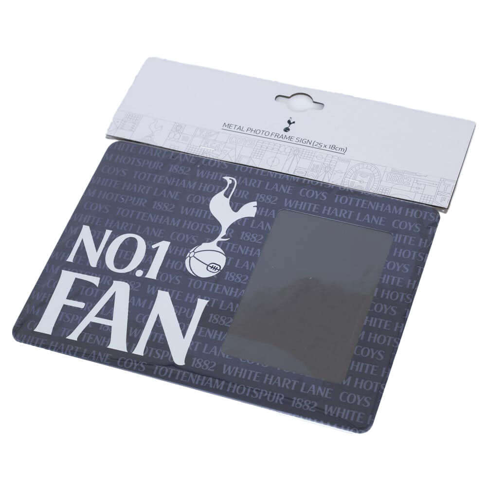 Tottenham Hotspurs FC No1 Fan Picture Frame Sign LKT Sport Sturdy metal photo frame sign featuring the Tottenham Hotspur FC crest and No.1 FAN in bold white text on the bottom leftIncludes the text 'Tottenham Hotspur 1882 White Hart Lane' as a repeat patt