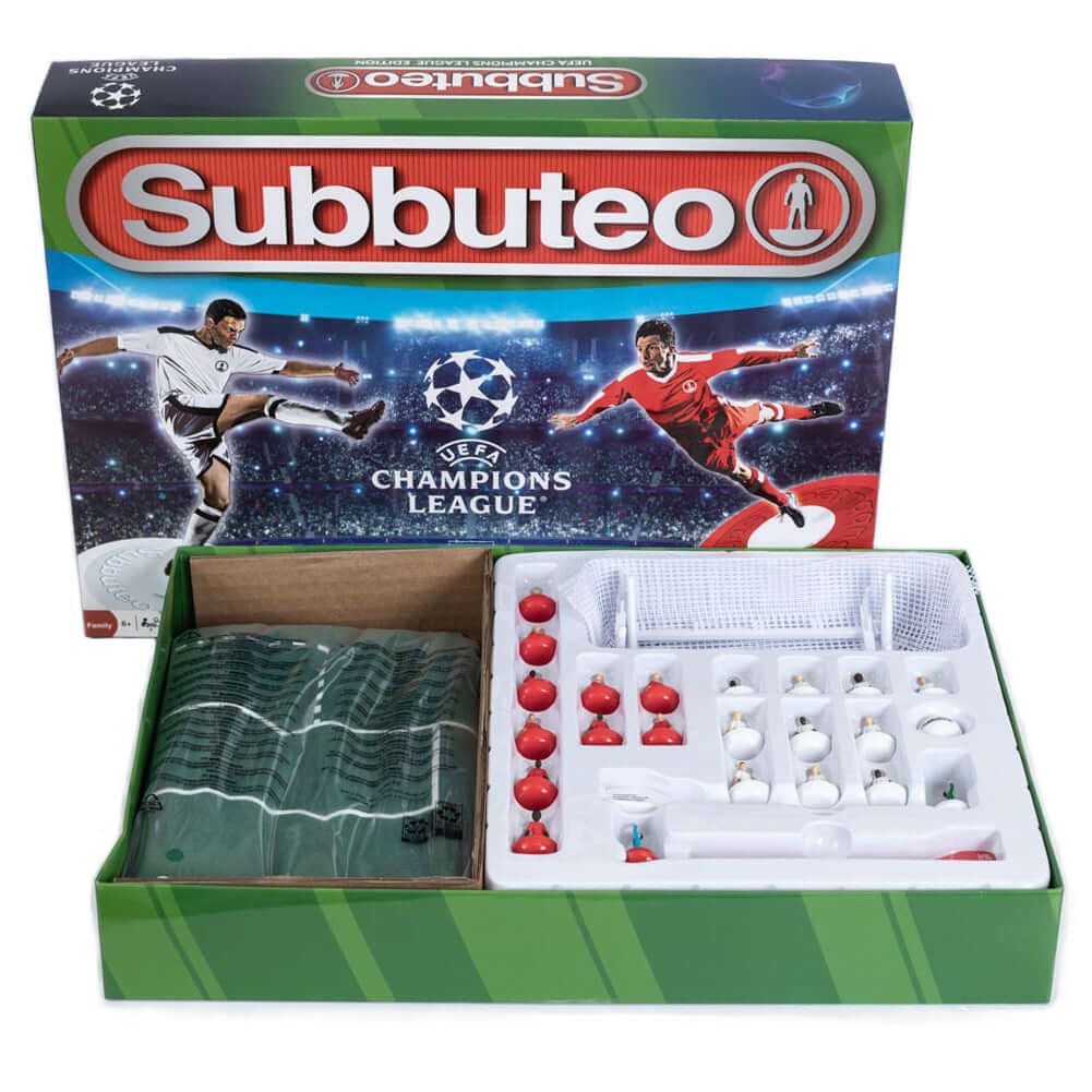 UEFA Champions League Edition Subbuteo Main Game LKT Sport Subbuteo, the classic table football game is back.Featuring a new high quality pitch and re-engineered players with more strengthIncludes 20 players, 2 goal keepers, 2 goals, 1 ball and the pitchS