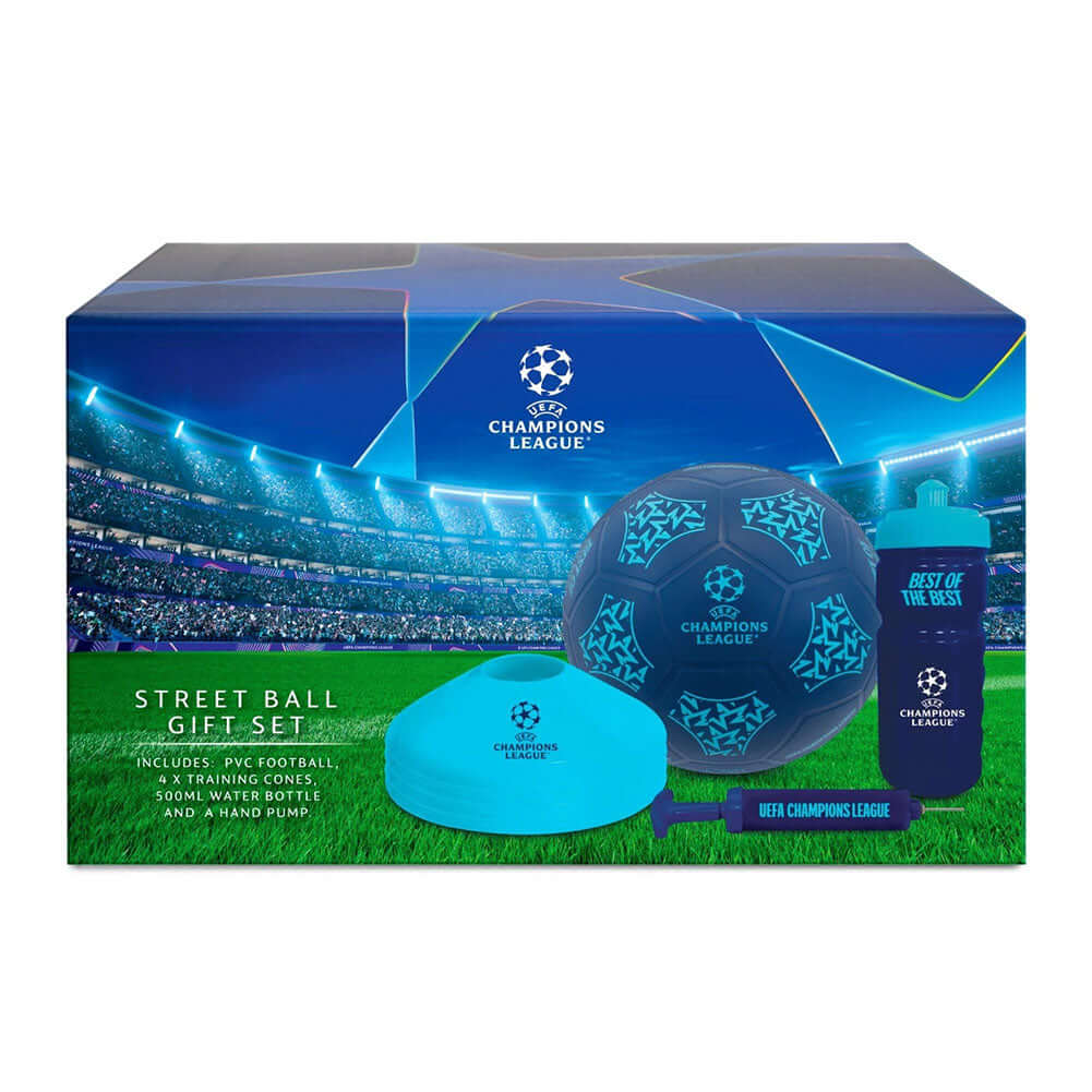 UEFA Champions League FC Street Ball Gift Set LKT Sport Training equipment gift setContaining a size 5 PVC football4 x Training conesA 500ml water bottleAnd a mini hand pumpOfficial licensed productBottle approx 19cm tall, 8cm in diameter and 500mlPump ap