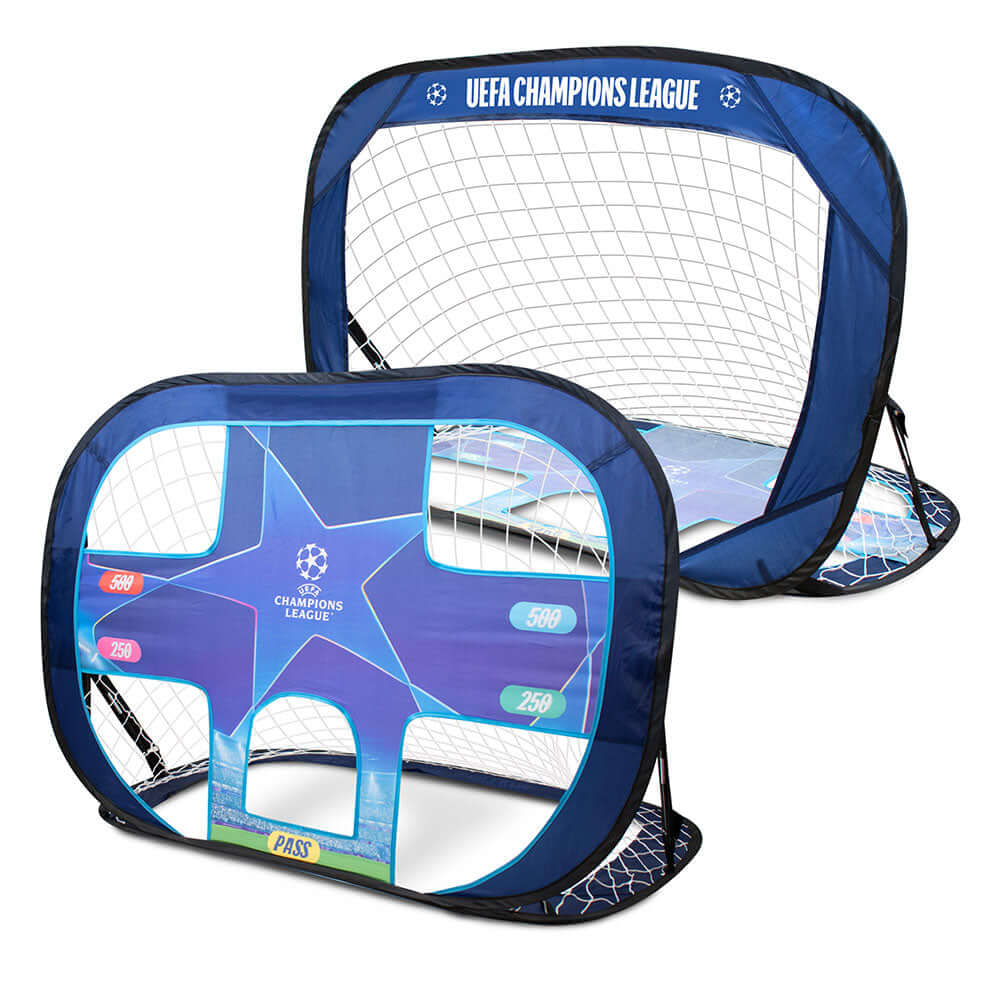 UEFA Champions league Pop Up Target Goal LKT Sport Fantastic football training goal for the gardenFlip over to use as either a training target or goalComplete with a hand carry bag and ground pegsOfficial licensed productApprox 106cm x 75cm x 75cm Soccer