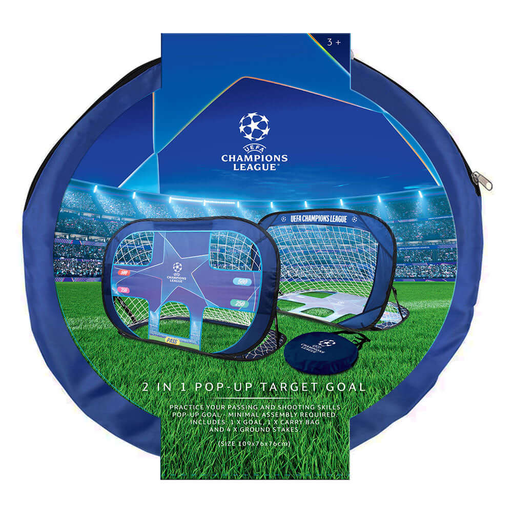 UEFA Champions league Pop Up Target Goal LKT Sport Fantastic football training goal for the gardenFlip over to use as either a training target or goalComplete with a hand carry bag and ground pegsOfficial licensed productApprox 106cm x 75cm x 75cm Soccer
