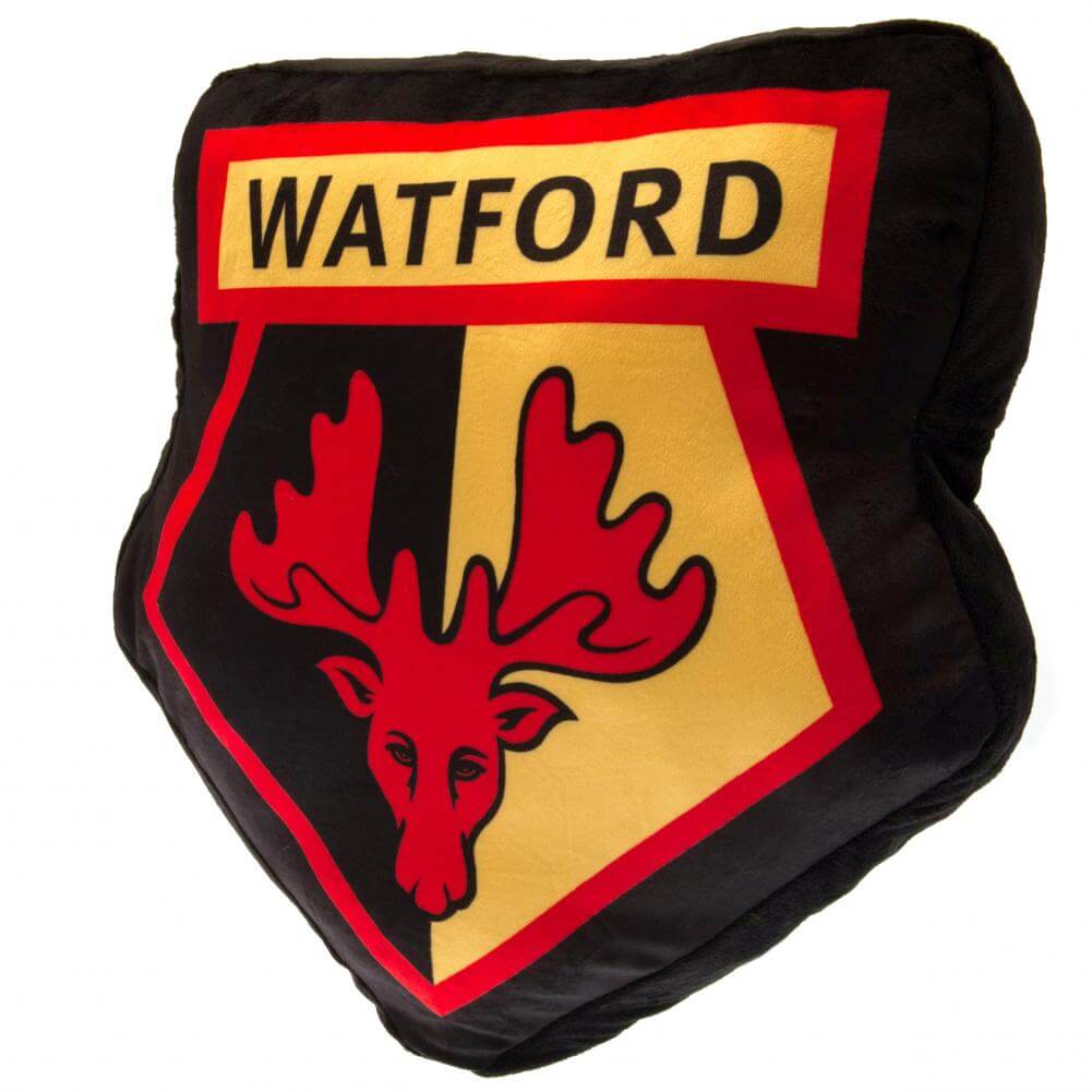 Watford FC Crest Cushion LKT Sport Black luxury crest shaped cushion100% PolyesterOfficial licensed productApprox 40cm x 36cm x 12cm Throw Pillows