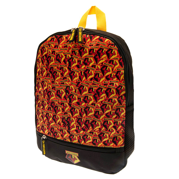 Watford FC Multi Crest Junior Backpack LKT Sport Black and yellow backpack featuring multiple Watford club crestsAdjustable shoulder straps padded for comfort and a handy carry strapMain compartment has a large double zipped opening for easy accessFull si
