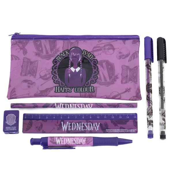 Wednesday Bumper Stationery Set LKT Sport Everyday 8 piece stationery setVibrant, purple and black Wednesday themed design across all contents2 x Gel pens1 x Drawing pencil1 x Ruler1 x Ballpoint pen1 x Pencil Sharpener1 x Pencil Case1 x A4 Hardback notebo