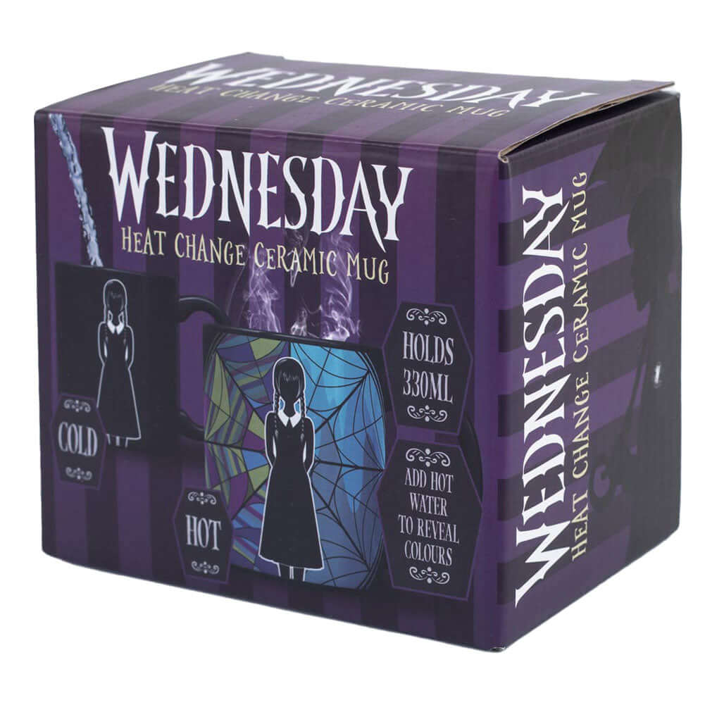 Wednesday Heat Changing Mug LKT Sport Ceramic everyday coffee mug with a heat sensitive designDesign changes as the contents heat and coolFeatures a silhouette of Wednesday in front of Ophelia windowHand wash onlyOfficial licensed productApprox 315ml (11o