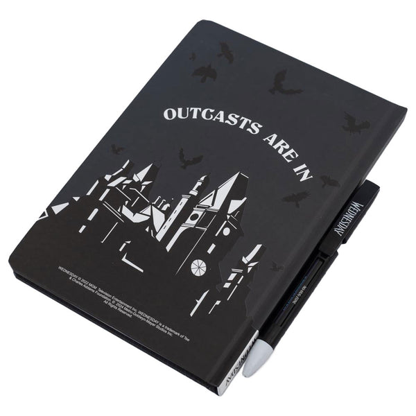 Wednesday Notebook & Pen Set LKT Sport Giftset includes a branded Nevermore Academy notebook with the phrase 'Stay Kooky' on the frontSet includes a ballpoint quote pen which displays 6 Wednesday quotesEach lined page includes a Thing symbol and a Raven i