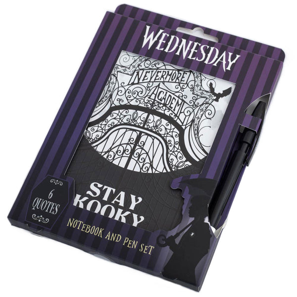 Wednesday Notebook & Pen Set LKT Sport Giftset includes a branded Nevermore Academy notebook with the phrase 'Stay Kooky' on the frontSet includes a ballpoint quote pen which displays 6 Wednesday quotesEach lined page includes a Thing symbol and a Raven i