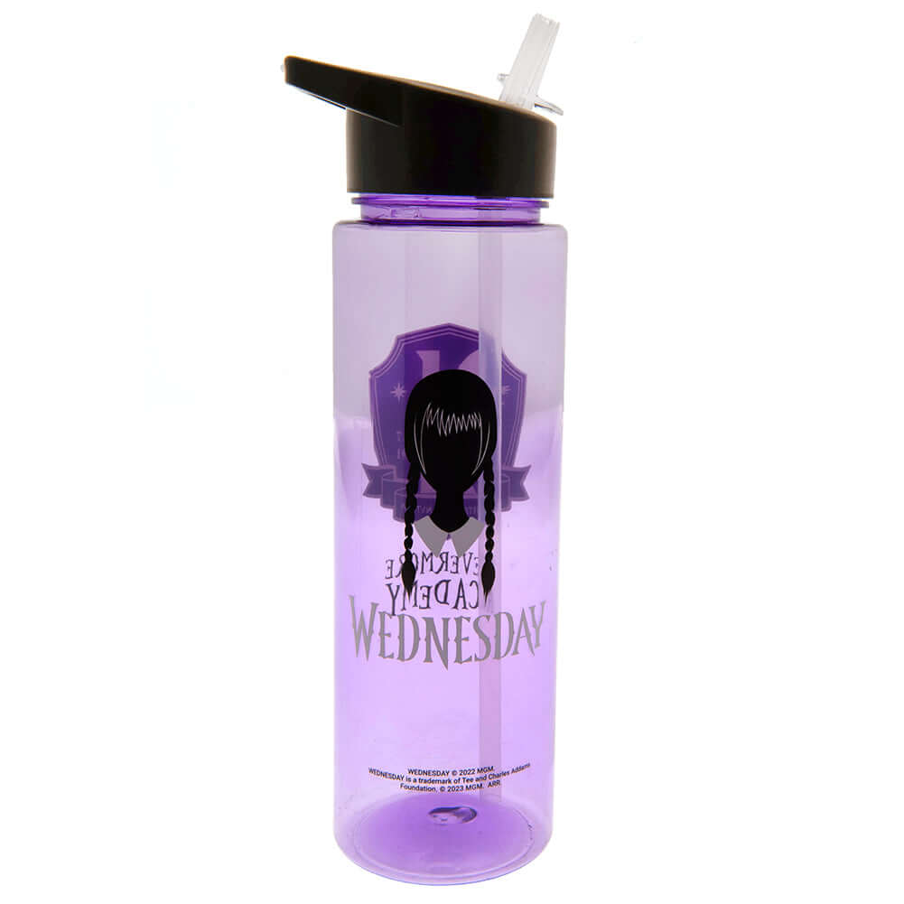 Wednesday Plastic Drinks Bottle LKT Sport Lightweight everyday plastic drinks bottlePurple bottle featuring an image of Wednesday on one side, with the Nevermore Academy logo on the opposite sideScrew top lid with a closable clear drinking spoutHand wash