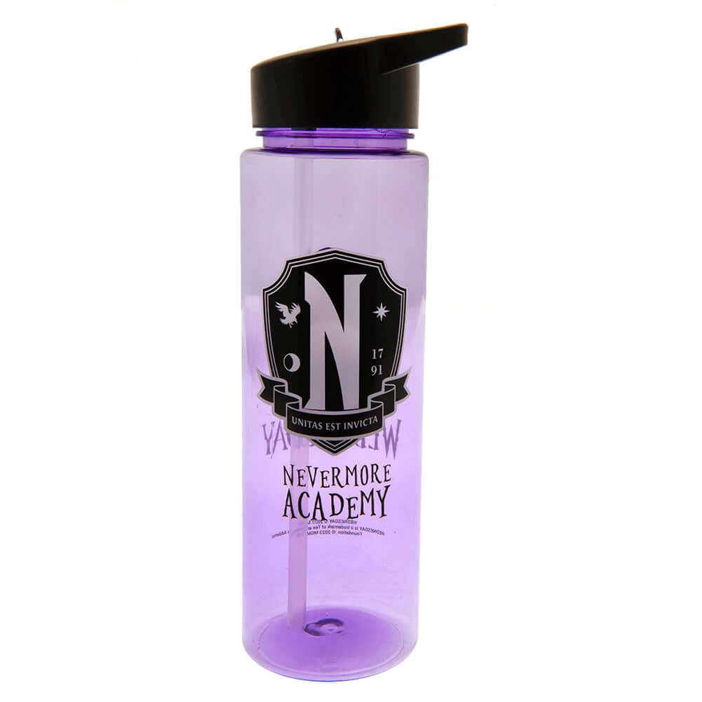 Wednesday Plastic Drinks Bottle LKT Sport Lightweight everyday plastic drinks bottlePurple bottle featuring an image of Wednesday on one side, with the Nevermore Academy logo on the opposite sideScrew top lid with a closable clear drinking spoutHand wash