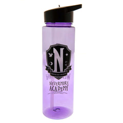 Wednesday Plastic Drinks Bottle LKT Sport Lightweight everyday plastic drinks bottlePurple bottle featuring an image of Wednesday on one side, with the Nevermore Academy logo on the opposite sideScrew top lid with a closable clear drinking spoutHand wash