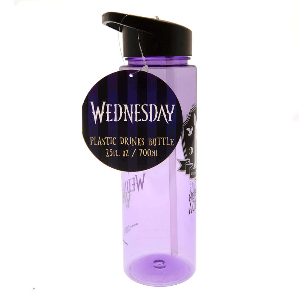 Wednesday Plastic Drinks Bottle LKT Sport Lightweight everyday plastic drinks bottlePurple bottle featuring an image of Wednesday on one side, with the Nevermore Academy logo on the opposite sideScrew top lid with a closable clear drinking spoutHand wash