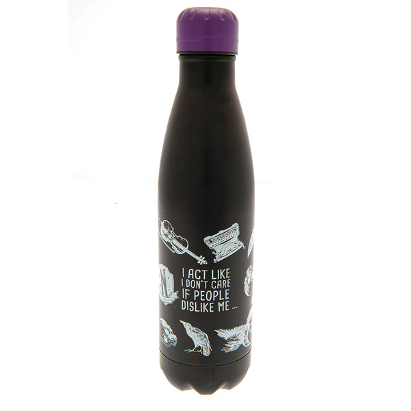 Wednesday Thermal Flask LKT Sport Stainless steel thermal vacuum flaskMatt Black flask with a purple lid featuring icons and slogans from the famous seriesMaintains the temperature of your drink for up to 24hrsWith a screw top lidOfficial licensed product