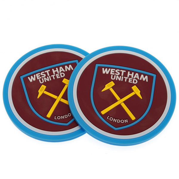 West Ham United FC 2pk Coaster Set LKT Sport Pack of 2 flexible non slip silicone coasters Vibrant colour coasters each with a stamped Hammers crest Wipe clean finish Official licensed product Approx 10cm in diameter On a header card Coasters