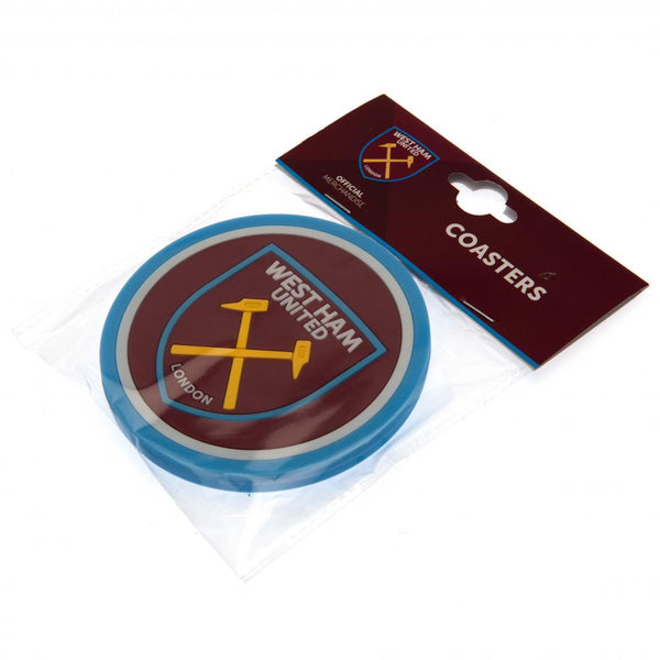 West Ham United FC 2pk Coaster Set LKT Sport Pack of 2 flexible non slip silicone coasters Vibrant colour coasters each with a stamped Hammers crest Wipe clean finish Official licensed product Approx 10cm in diameter On a header card Coasters