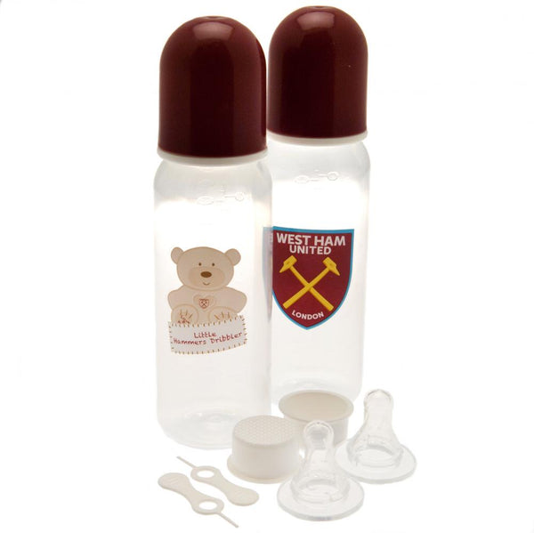 West Ham United FC 2pk Feeding Bottles LKT Sport Clear baby feeding bottles featuring printed West Ham designs and a claret lid Food grade PP (BPA free), harmless safety for baby health High strength and clinically proven to reduce colic High temperature