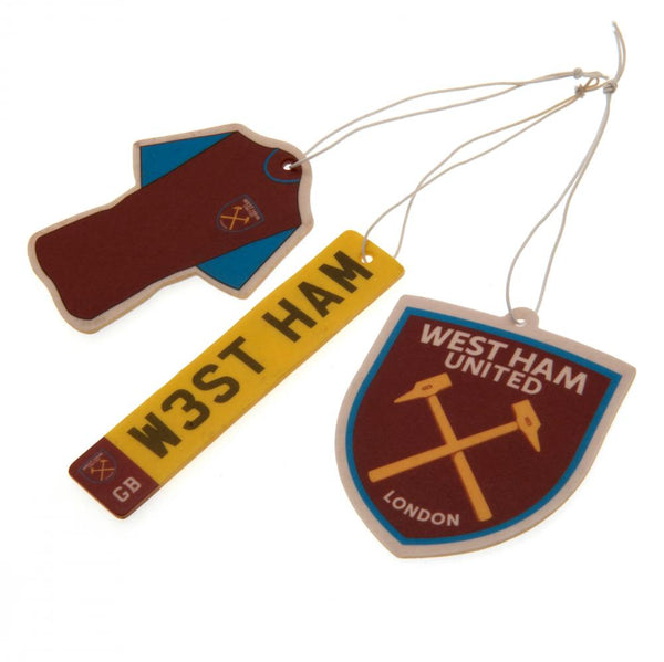 West Ham United FC 3pk Air Freshener LKT Sport Multipack of vibrant colour long lasting air fresheners Featuring Hammers crest, classic home kit and number plate designs Each air freshener has an elasticated loop and is individually wrapped Official licen