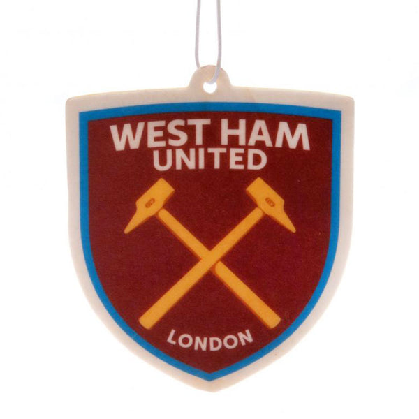 West Ham United FC Air Freshener LKT Sport Classic crest shaped long lasting air freshener Vibrant full colour Hammers crest printed on both sides Official licensed product Approx 7cm x 6cm On a header card Vehicle Air Fresheners