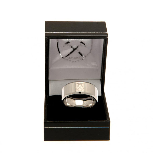 West Ham United FC Band Ring Large LKT Sport Classic stainless steel band ring with a bevelled edge Chrome finish and engraved with the Hammers club crest Official licensed product Internal diameter approx 21mm Ring size X Presented in a gift box Rings