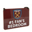 West Ham United FC Bedroom Sign No1 Fan LKT Sport Vibrant metal hanging bedroom sign With a large club crest and #1 Fan's Bedroom text Complete with a nylon rope for hanging Official licensed product Approx 16cm x 11cm On a backing card Novelty Signs