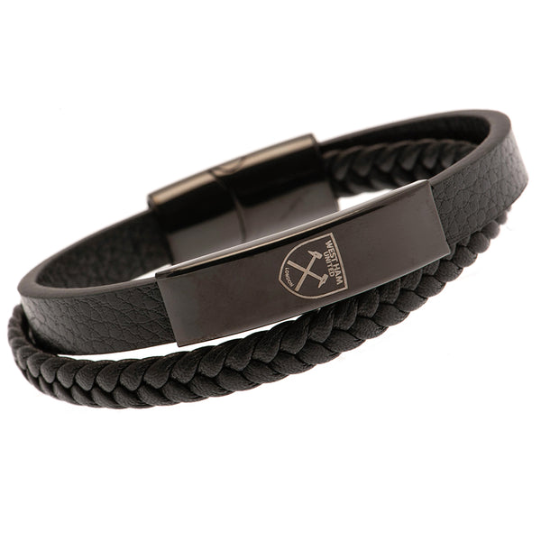 West Ham United FC Black IP Leather Bracelet LKT Sport Twin design bracelet made from genuine leatherBlack IP crest plate with an engraved Hammers logoWith a stainless steel magnetic claspOfficial licensed productApprox 20cm x 1cm Bracelets